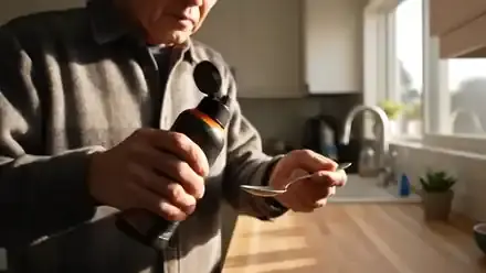 A man in his sixties at a kitchen counter filling a metal tablespoon with pale orange cream from a tall black bottle