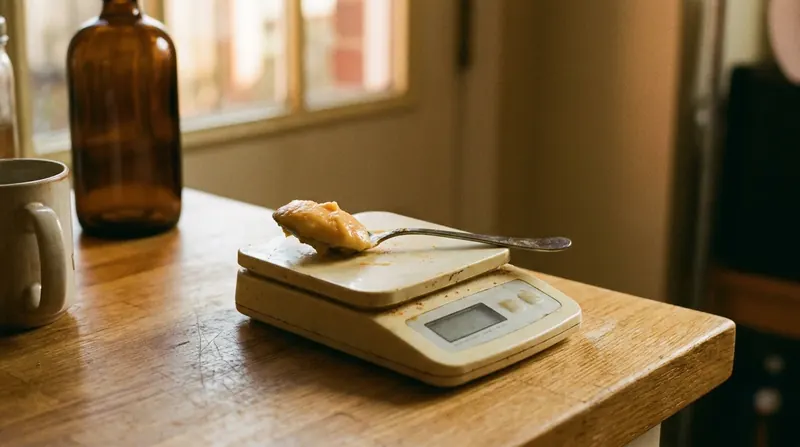 A metal tablespoon of thick pale orange cream resting on a small kitchen scale on a wooden counter