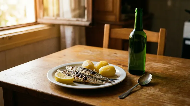 A plate of grilled sardines with lemon and potatoes on a wooden table beside a dark bottle and a tablespoon