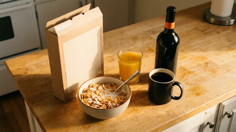 A bowl of cereal beside its box, a glass of juice, a mug of coffee and a tall dark bottle on a wooden counter