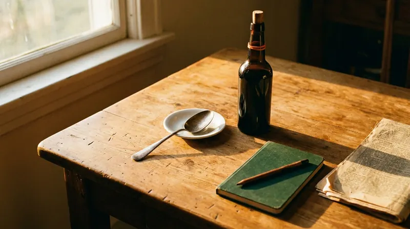A kitchen table at the end of the afternoon with a dark bottle, a spoon on a saucer, a closed notebook and a folded newspaper