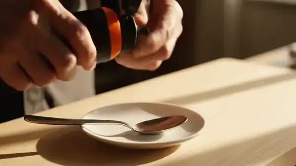 A man's hands squeezing a thick ribbon of pale orange cream from a black bottle into a metal tablespoon