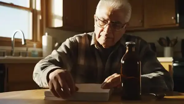 A man in his sixties at a kitchen table turning a printed page and running his finger down a column beside a bottle and a spoon