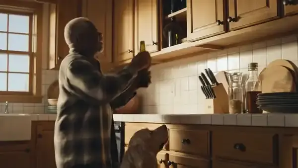 A man in his sixties placing a tall dark bottle on a high kitchen shelf while a dog watches from the floor