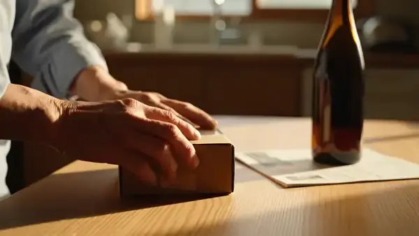 A man's hands folding a small cardboard box closed on a kitchen table beside a tall dark bottle
