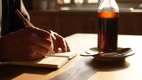 A man's hands writing a line in a small notebook beside a tall dark bottle and a tablespoon on a saucer