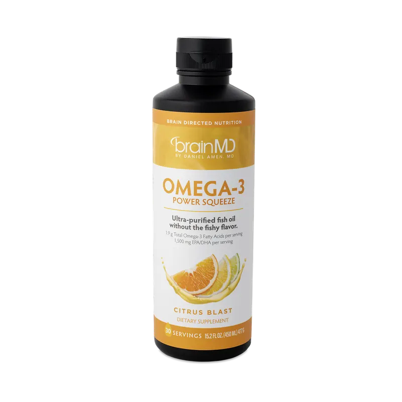 The tall black bottle of BrainMD Omega-3 Power Squeeze with an orange label, from the seller's photograph